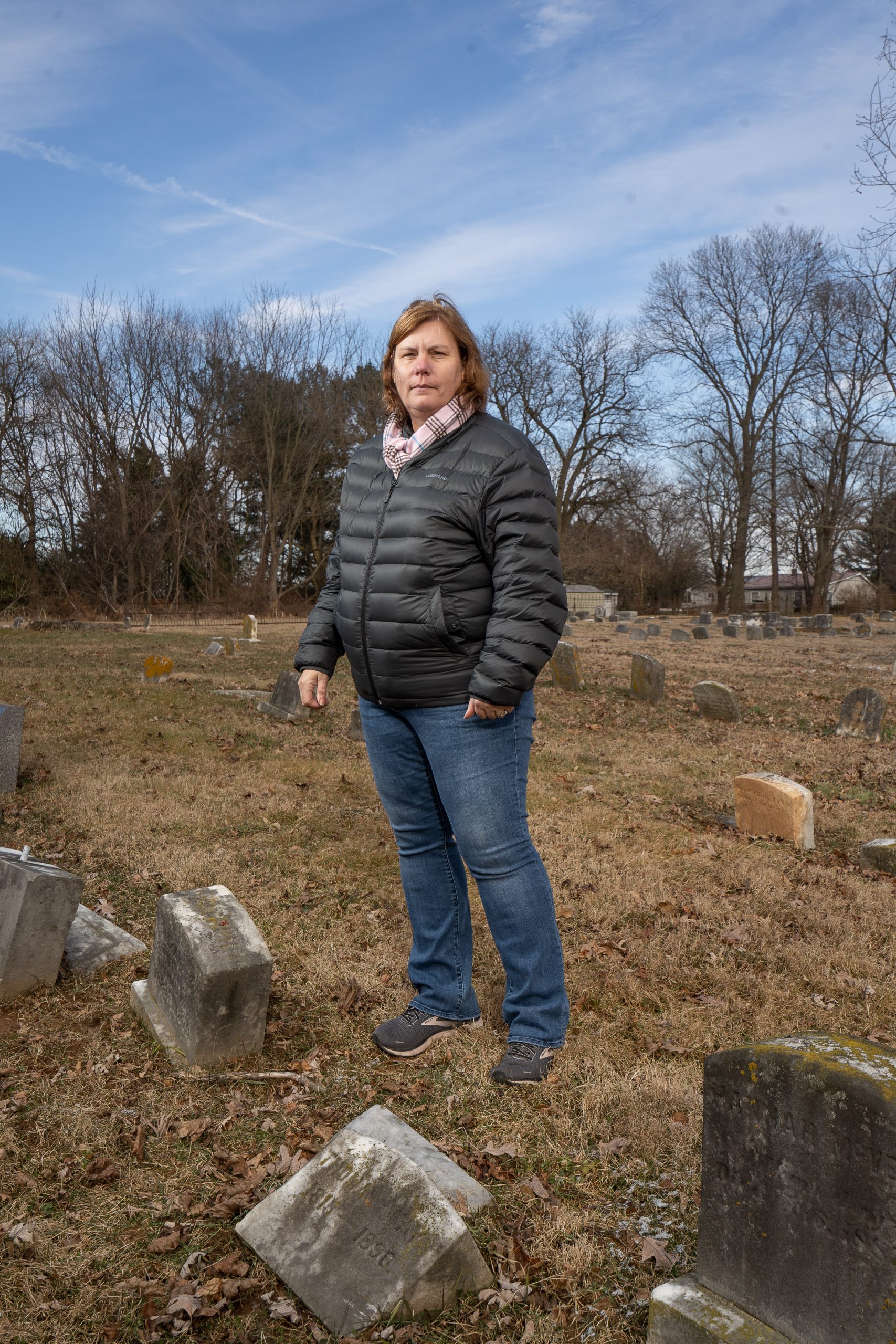 Ruthie Way Moretz at her great-grandfather’s tomb stone at Little Brick Meeting